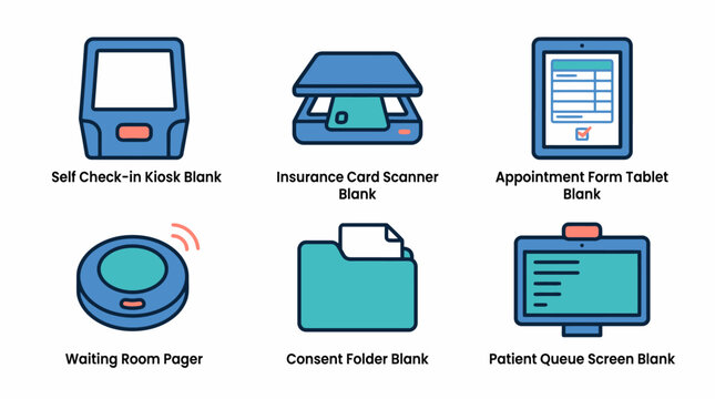 Healthcare technology icons: kiosk, scanner, tablet, pager, folder, screen