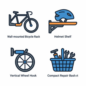 Bicycle storage solutions: wall-mounted rack, helmet shelf, vertical hook, repair basket