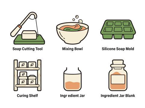 Essential soap making tools: cutting tool, mixing bowl, silicone mold, curing shelf, ingredient jars