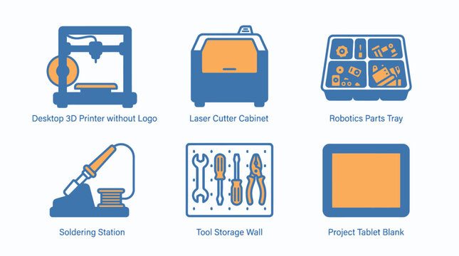 Innovative workspace equipment: 3d printer, laser cutter, robotics parts