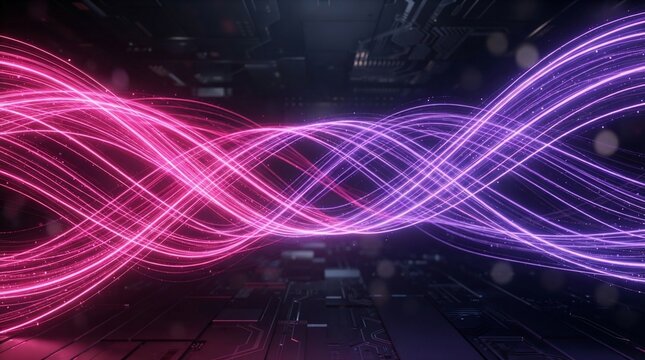 Abstract flowing light waves in neon pink and purple energy