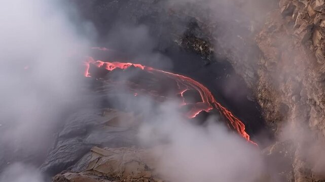 Erta Ale volcano, View of the glowing lava lake inside the crater, with molten rock patterns and dark volcanic rock walls in Zone 2, Afar, Ethiopia.