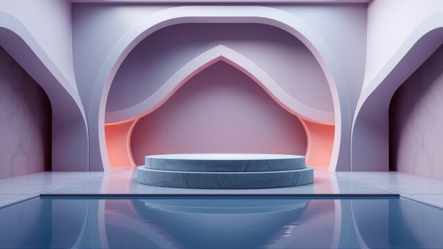 Minimalist interior. Marble pedestal centered within arched alcove. Soft lighting creates dramatic, reflective surfaces. Elegant, modern design.