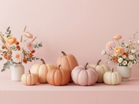 Beautiful thanksgiving background featuring pastel pumpkins and autumn floral arrangements on a soft pink table surface