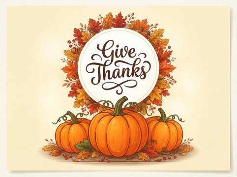 Give thanks lettering with autumn leaves wreath and pumpkins for a festive thanksgiving holiday greeting card