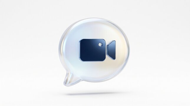 3D video chat icon, glossy blue camera symbol in a transparent speech bubble, modern communication graphic element, digital interface component for online meetings and virtual calls