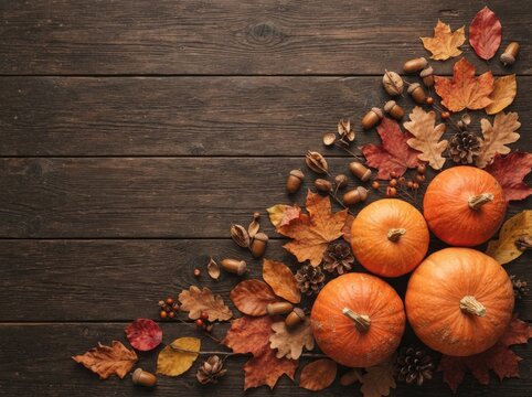 Rustic wooden background with orange pumpkins and colorful autumn leaves for a festive thanksgiving holiday celebration