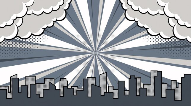Silver gray skyline featuring retro comic-style sunburst rays and clean city buildings. Great for websites, presentations, business branding, and editorial layouts.