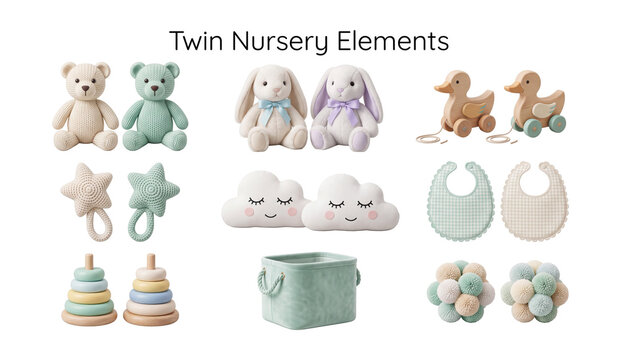 Twin nursery elements set with plush bears bunnies and wooden toys realistic object collection isolated on transparent