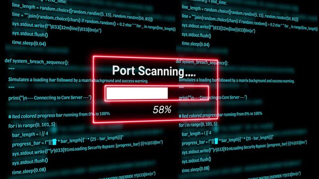  Cyber Security Hacker Terminal with port scanning Alert and Matrix Code Background Motion Graphics