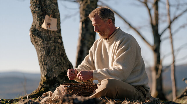 Rush basket weaver working alone in an outdoor woodland clearing, a small child's drawing pinned to a nearby tree in the soft natural light, the single professional framing capturing a father's emot