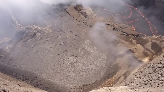 Erta Ale volcano, View of the glowing lava lake inside the crater, with molten rock patterns and dark volcanic rock walls in Zone 2, Afar, Ethiopia.