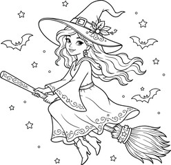 Cute little witch flying on a broomstick with bats and stars for a halloween coloring page design