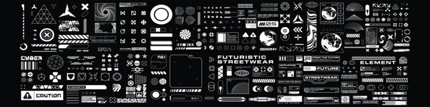 Futuristic industrial micrographics and cyberpunk technical labels. 