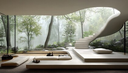 Fototapeta premium Modern house interior with stairs faces a lush, foggy forest scene outside. Use it for design inspiration or conveying peace, nature connection.