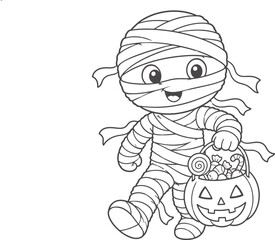 Cute cartoon mummy character holding a pumpkin candy bucket for a fun halloween coloring page for children