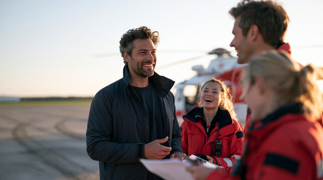 An air ambulance crew from a multicultural background debriefs beside a parked helicopter on a rural airstrip at dusk, the peaceful farmland and tire ruts of the landing zone visible behind them as 