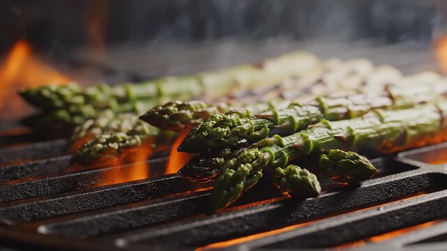 Fresh Green Asparagus Spears Sizzling on an Outdoor Open Flame Grill