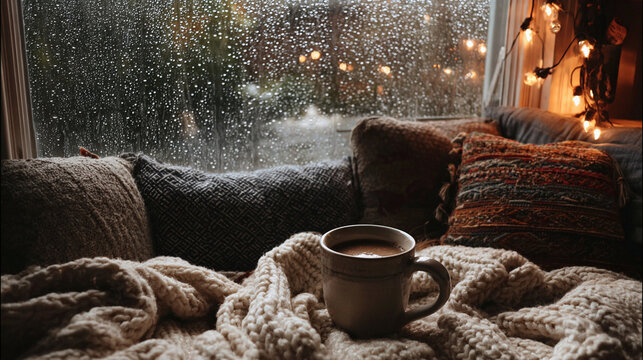 Steaming ceramic mug of coffee resting on soft knitted blanket beside rainy window at night time