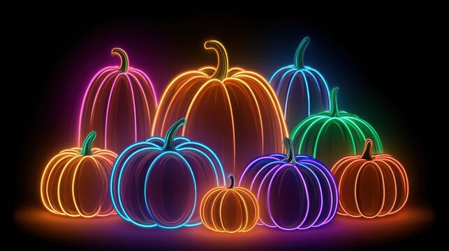 Glowing pumpkins are displayed in various sizes and colors against a dark background, reflecting a fun fall theme.