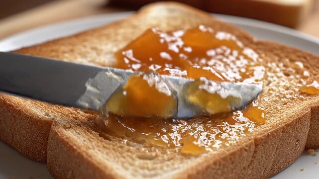 Spreading sweet apricot marmalade on a piece of toasted bread