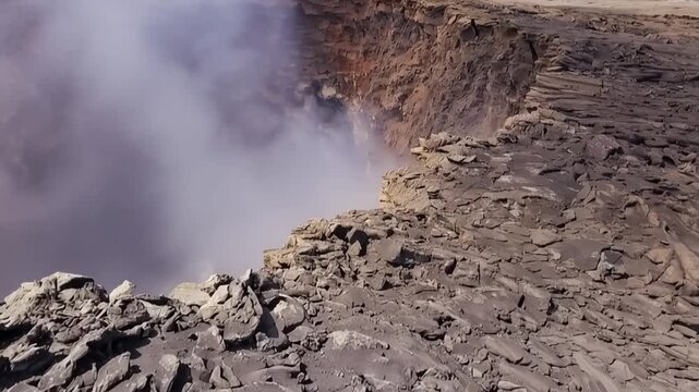 Erta Ale volcano, View of the glowing lava lake inside the crater, with molten rock patterns and dark volcanic rock walls in Zone 2, Afar, Ethiopia.