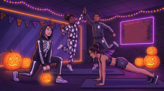Group of friends doing a Halloween themed fitness workout in a neon lit gym