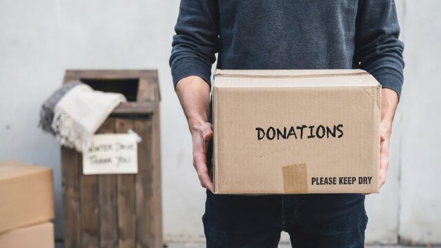Person holding cardboard box labeled donations with text please keep dry while standing near wooden collection bin for winter clothing drive help community.