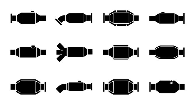 Catalytic Converter Icons Set, Automotive Exhaust System Components, Vehicle Emission Control Parts, Black Vector Illustrations