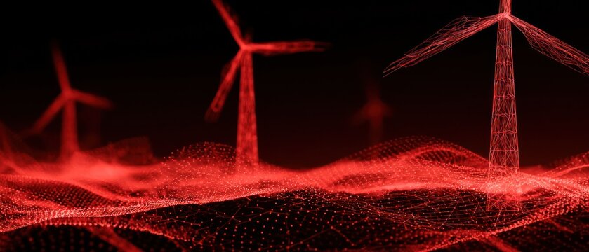 Abstract red wireframe wind turbines on digital landscape