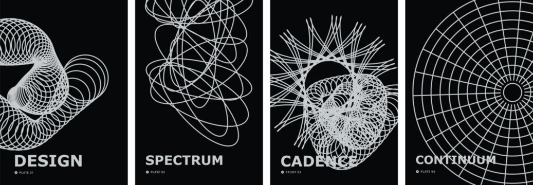Futuristic generative wireframe posters, set of 4 abstract vector backgrounds, minimalist white line art on black, brutalist geometric design templates