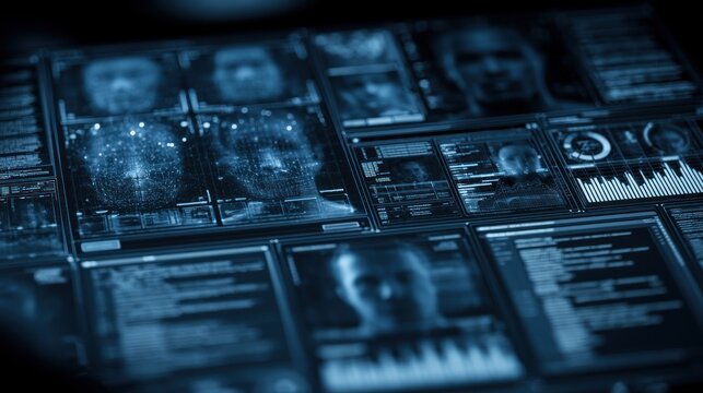 Digital surveillance system with multiple screens displaying facial recognition data and code