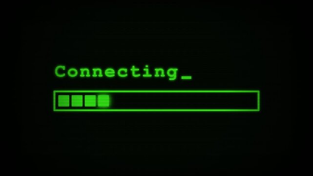 A digital screen displays a glowing green text prompt showing the word Connecting followed by a loading bar indicator that signifies a pending network transmission request for an online web