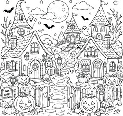 Naklejka premium Whimsical halloween village coloring page featuring cute ghosts jack o lanterns and spooky houses under a full moon