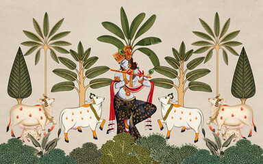 Traditional Indian Pichwai painting illustration of Lord Krishna playing flute with cows and banana trees, digital mural art © kalakarilife