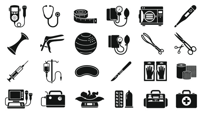 A comprehensive collection of black and white icons depicting various medical equipment, healthcare tools, and hospital supplies for diagnosis and treatment.