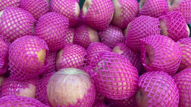 Close up of stacked fresh apples with foam net packaging