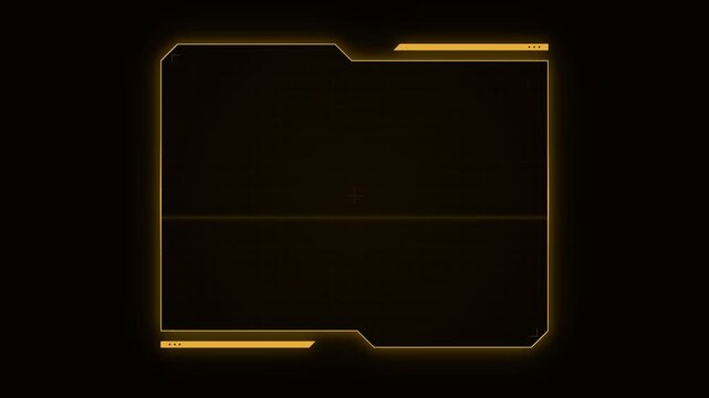 A vibrant yellow glowing rectangular frame with technical interface markers illuminates the darkness to create a high tech aesthetic suitable for gaming displays and futuristic digital