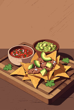 Fresh nachos with guacamole and salsa on a wooden board