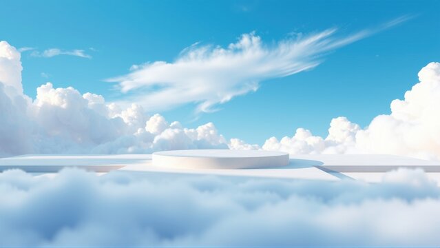 Bright sky, fluffy clouds surround white platform. Minimalist scene evokes serenity, peacefulness. Ideal product showcase setting.