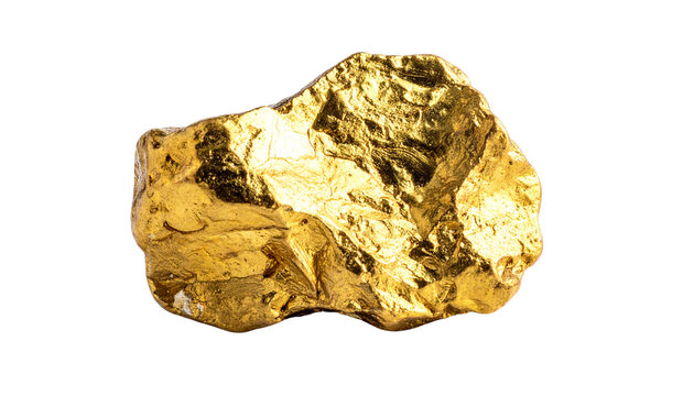A large natural raw gold nugget with realistic metallic texture and irregular shape, isolated on transparent background.