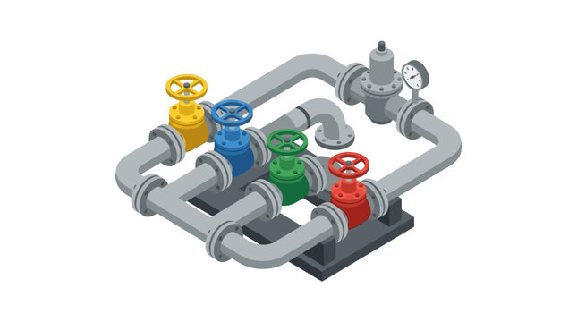 Colorful industrial valve and pipe system illustration.