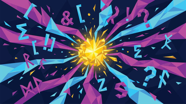 Abstract Geometric Explosion of Symbols and Math Equations Radiating from Bright Center, Digital Art Concept for Knowledge and Innovation