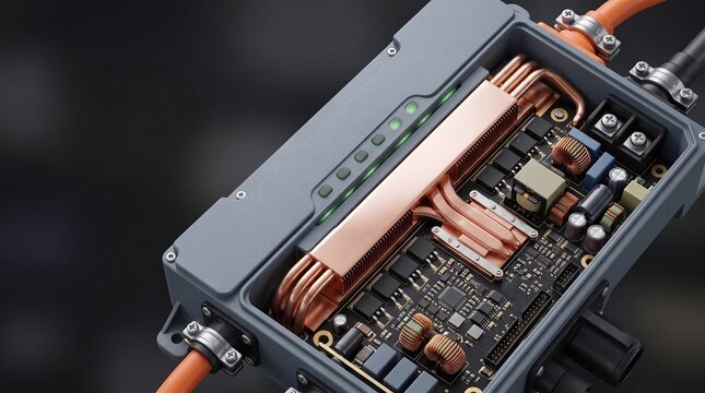 Enterprise EV battery management system onboard charger power module 3D illustration with copy space
