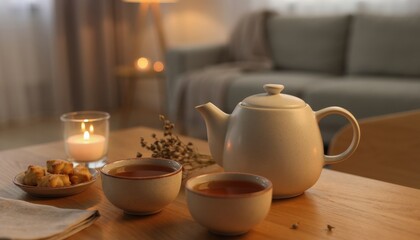 Fototapeta premium Inviting Cozy Evening Tea Ceremony Warm Ambiance of Soothing Hot Beverage poured from Porcelain Teapot into Ceramic Cups Lit Candle and Sweet Biscuits on Rustic Wooden Table Creating a Tranquil Home A