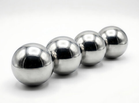 Four shiny chrome metal spheres isolated on white background