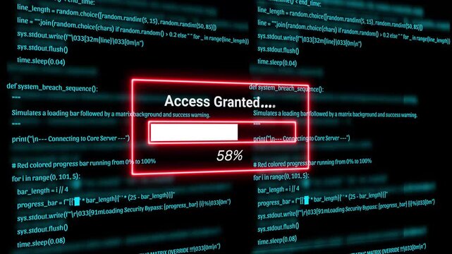  Cyber Security Hacker Terminal with access granted Alert and Matrix Code Background Motion Graphics