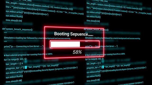 Cyber Security Hacker Terminal with booting sequence Alert and Matrix Code Background Motion Graphics