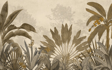 Mural wallpaper vintage tropical landscape design in bronze and sepia tones © kalakarilife