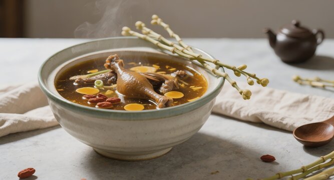 Warm Chinese Herbal Chicken Soup with Fresh White Bamboo Stems, Goji Berries and Sliced Ginseng, Steaming Traditional Nourishing Cantonese Medicinal Cuisine on Minimalist Stone Table with Teapot